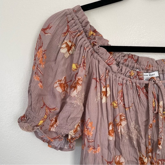 American Eagle | Purple Floral Smocked Cropped Shoulder Blouse | Size Small - Picture 4 of 11